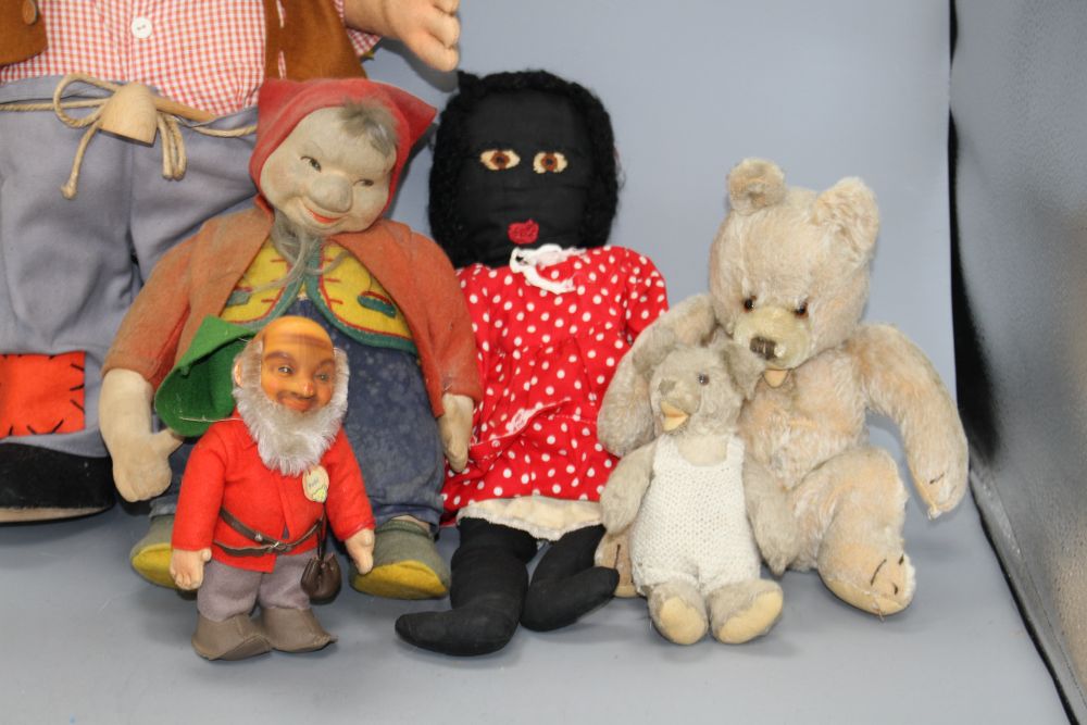 A Steiff Mecki, 20in.; a Steiff Pucki and assorted toys including a Gollie gnome (5)